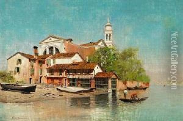 The Gondola Workshop Of San Trovaso,venice Oil Painting - Warren W. Sheppard