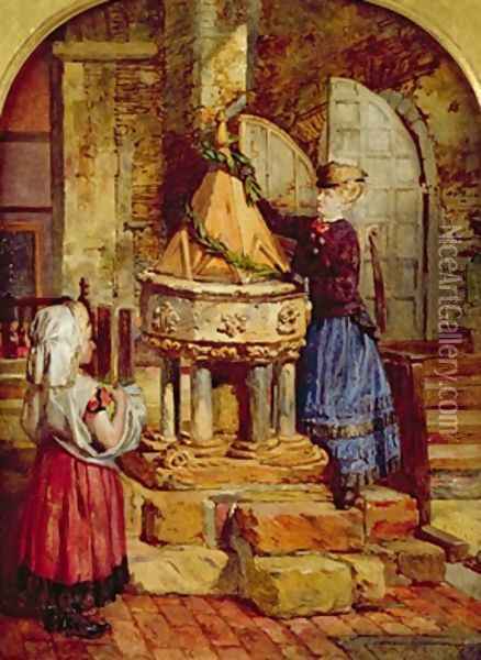 Decorating the Old Font 1871 Oil Painting - James Lobley