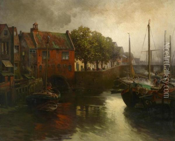 Canal Oil Painting - Adolf Kaufmann