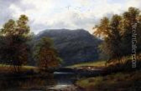 View Of A Welsh River Valley, And Another Similar With Cattle Watering Oil Painting - William Mellor