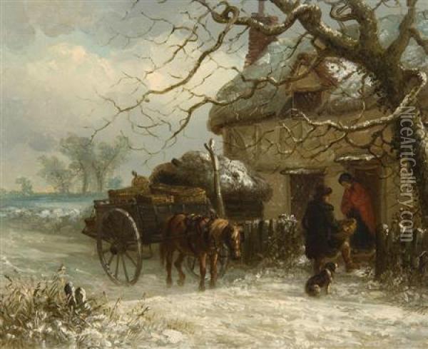 Figures With Horse And Cart Before A Snow Covered Cottage Oil Painting - Thomas Smythe