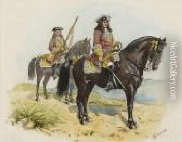 Barrymore's Regiment Of Foot, Serving Asdragoons In Spain In 1706 Oil Painting - Richard Simkin