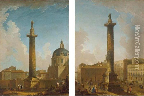 Trajan's Column, Rome; The Column Of Marcus Aurelius, Rome Oil Painting - Antonio Joli