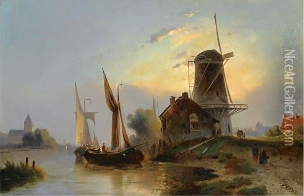 Moored Boats Near A Windmill Oil Painting - Jacobus Adrianus Vrolijk