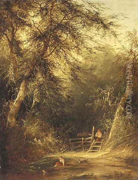 Children playing in a woodland glade Oil Painting - William Mulready