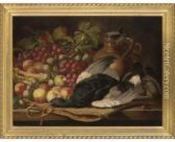 Blackcock, An English Partridge, Apples, Grapes And A Pitcher On A Table Oil Painting - Charles Thomas Bale