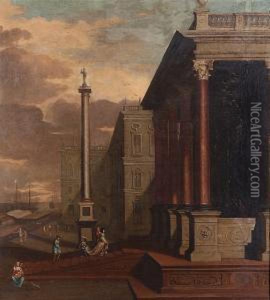 Elegant Figures On The Steps Of A Palazzo, A View To A Harbour Beyond Oil Painting - Jacob Balthasar Peeters
