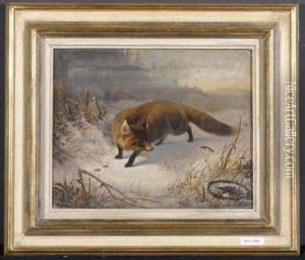Fuchs Im Schnee. 1862. Oil Painting - Carl Oswald Rostosky