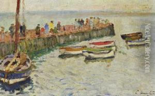 Figures On The Pier, Largo Oil Painting - George Leslie Hunter