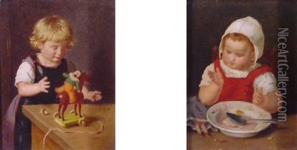Spielende Madchen Am Tisch Oil Painting - Gustav Bregenzer