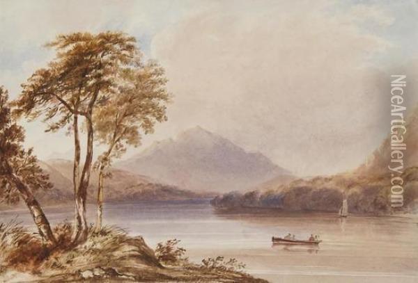 Lake View With Distant Mountain And Small Boats Oil Painting - Anthony Vandyke Copley Fielding