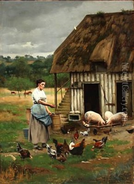 A Girl Feeding Chickens And Pigs Oil Painting - Charles Bruneau