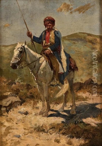 Einsamer Kosake Zu Pferd Oil Painting - Franz Roubaud