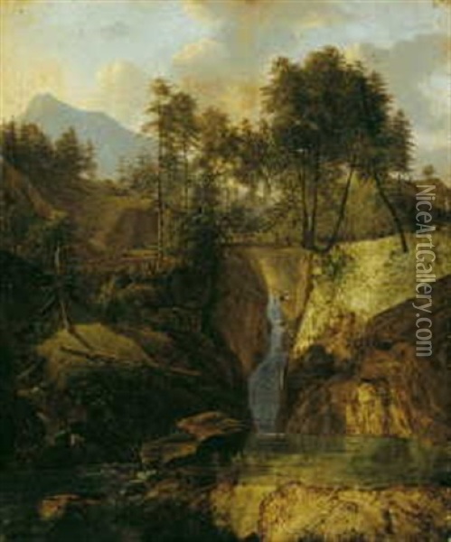 Gebirgslandschaft Mit Wasserfall Oil Painting - Alexandre Louis Robert Millin Du Perreux
