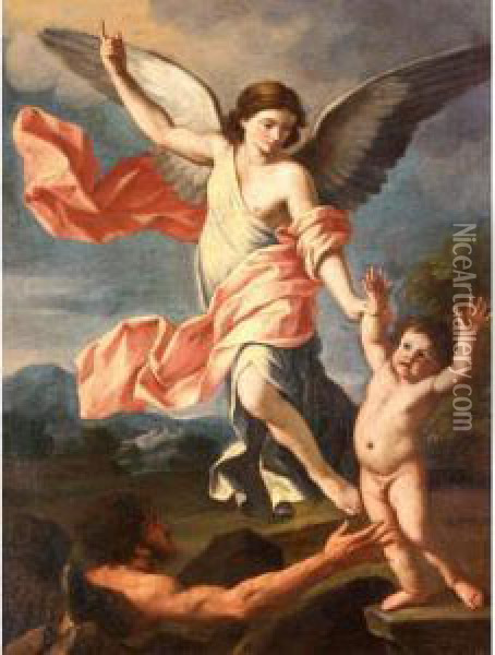 An Angel And A Devil Fighting For The Possesion Of The Soul Of A Child Oil Painting - Giacinto Gimignani