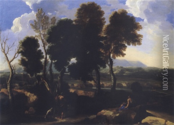 Landscape With Figures Resting, One Accompanied By A Dog Drinking From A Pool Oil Painting - Gaspard Dughet