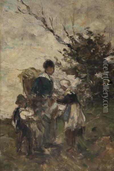 A Peasant Family Oil Painting - Gustav Laeverenz
