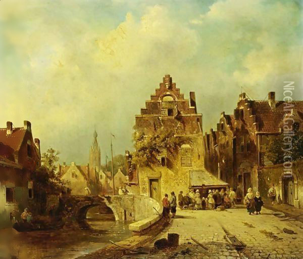 Villagers In The Streets Of A Dutch Town Oil Painting - Charles Henri Leickert
