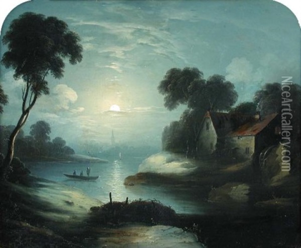 Moonlit Scene With Fishermen Fishing From A Rowing Boat On A River, A Mill Beyond Oil Painting - Abraham Pether