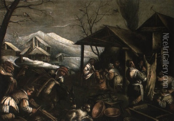 Peasants Before A Farmhouse - Winter Oil Painting - Jacopo dal Ponte Bassano