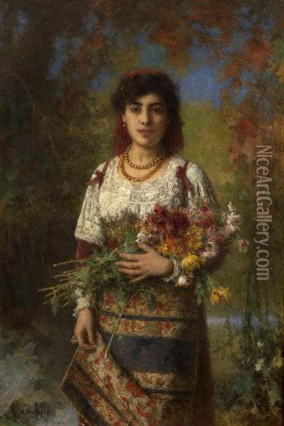 Gypsy Girl With Flowers Oil Painting - Alexei Alexeivich Harlamoff