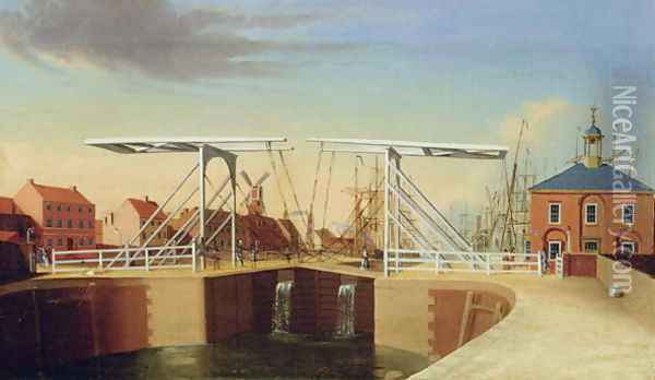 An East View of the Bridge and New Dock at Kingston upon Hull Oil Painting - Robert Thew