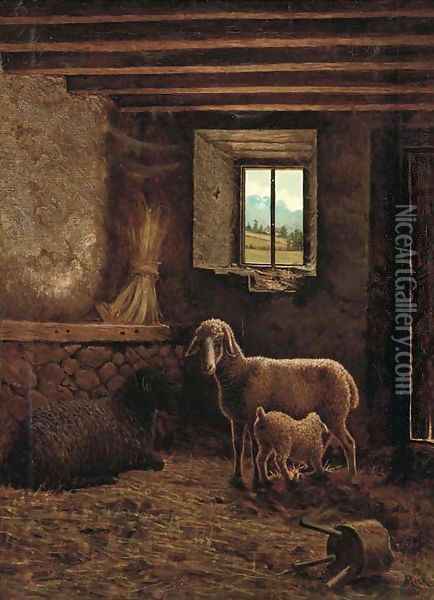 Sheep in a barn Oil Painting - Eugene Meeks