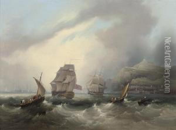 A Royal Naval Two-decker And A Frigate Off Gibraltar Oil Painting - Frederick Calvert