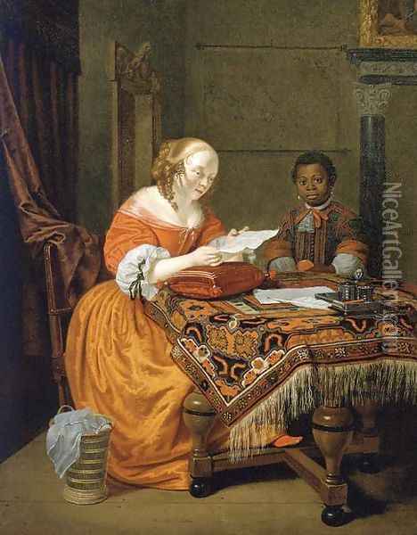 A Young Girl at a Table Oil Painting - Michiel van Musscher