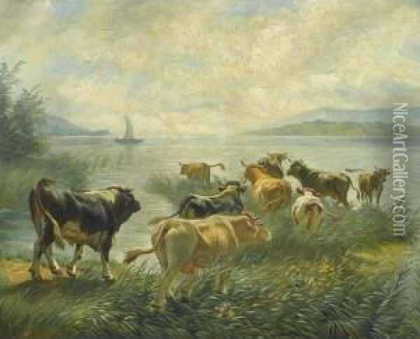 Cows At The Lakeside. Oil Painting - Rudolf Koller
