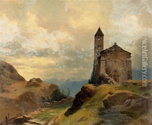 Walliser Gebirgslandschaft Mit Kleiner Kirche Oil Painting - Jean Philippe George-Julliard