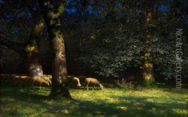 Clearing With Sheep Oil Painting - Paul Wilhelm Keller-Reutlingen