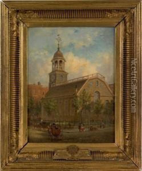 Street Scene Depicting The Middle Dutch Church On Nassau Str. In Ny Oil Painting - Edward Lamson Henry