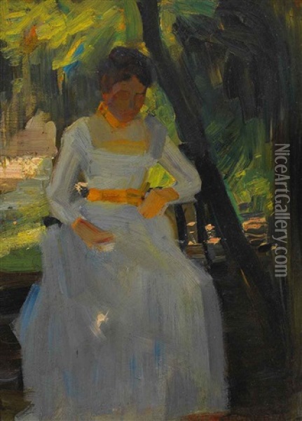 Portrait Einer Sitzenden Dame Unter Einem Baum Im Park Mit Flirrendem Lichteinfall Oil Painting - Hermann Groeber
