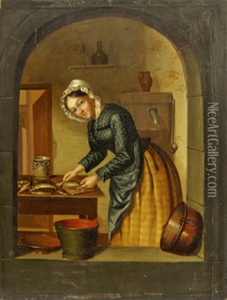A Woman Preparing Fish Oil Painting - Jan Hendrik van Grootvelt