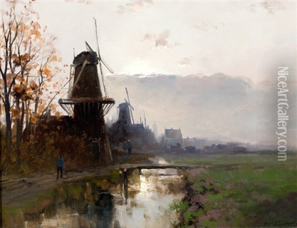 Landschap Met Molens In De Vroege Ochtend Oil Painting - Petrus Paulus Schiedges the Younger