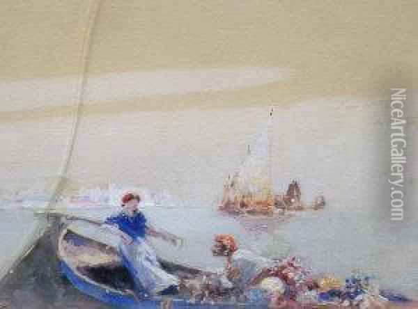 American,-- Figures And Fishing Vessels In The Venetian Lagoon; Gouache, Signed, 32x39cm Oil Painting - Hal Hurst