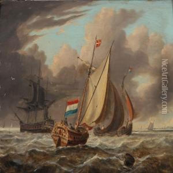 Seascape With Two Dutch Sailing Ship In Danish Waters Oil Painting - Nicolaas Riegen