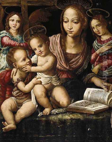 Virgin and Child with the Infant St John the Baptist, Attended by Angels 1514-16 Oil Painting - Fernando Llanos