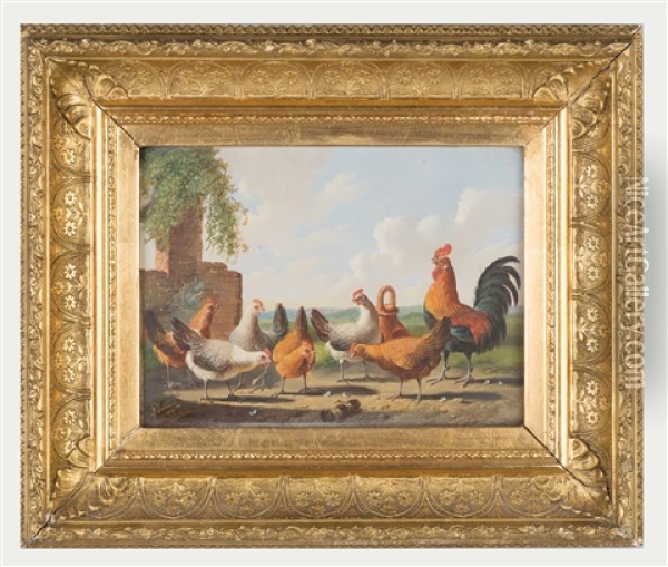 Roosters And Chickens Oil Painting - Albertus Verhoesen