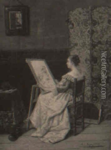 The Artist At Work In Her Studio Oil Painting - Constant Aime Marie Cap