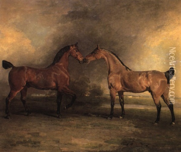 The Ninth Earl Of Linsey's Carriage Horses At Grass Oil Painting - Benjamin Marshall