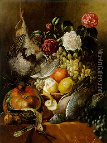 A Partridge, A Snipe, A Pigeon, A Pumpkin, Fruit And Roses On A Ledge Oil Painting - Jan van Os