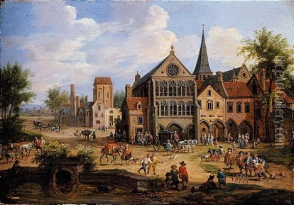 A Crowded Town Scene With Peasants Playing Skittles In Front Of A Church Oil Painting - Pieter Bout