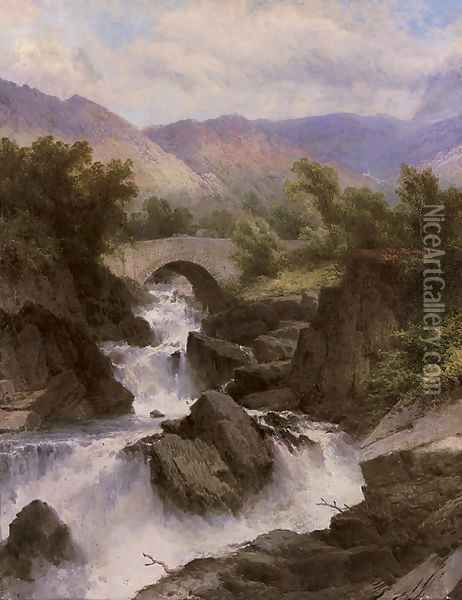 A waterfall in a mountainous landscape Oil Painting - George Law Beetholme