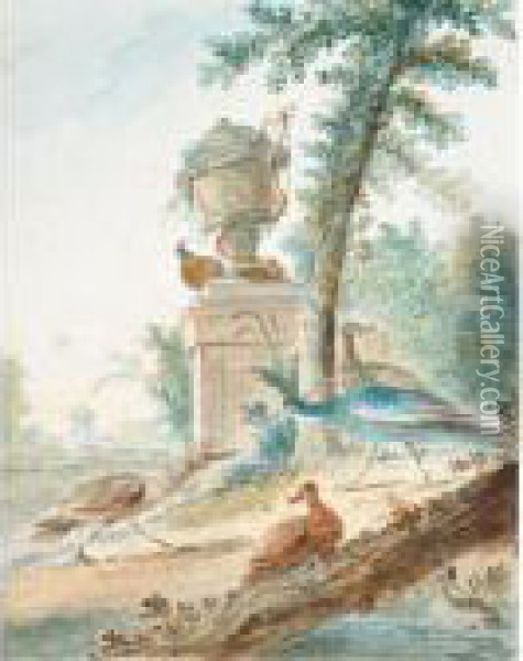 Exotic Birds In A Classical Landscape Oil Painting - Aert Schouman