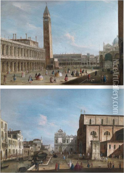 Venice, View Of The Piazzetta 
Looking North; Venice, View Of The Campo Santi Giovanni E Paolo With The
 West End Of The Church And The Scuola Di San Marco Oil Painting - Apollonio Domenichini