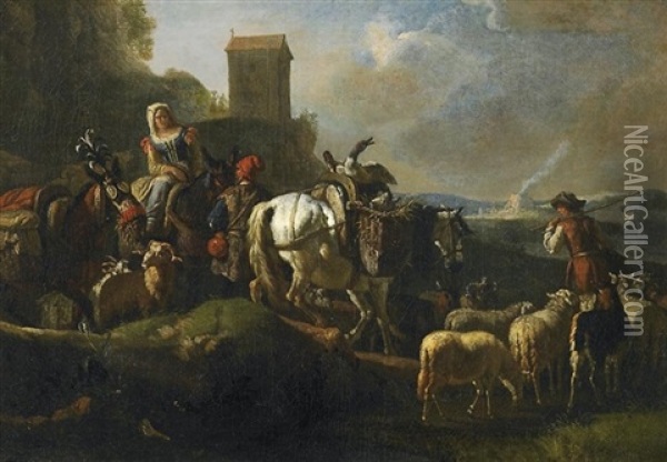 Italienische Bauern, Zum Markt Ziehend In Weiter Campagnalandschaft. Im Hintergrund Ein Kalkofen Oil Painting - Pieter van Bloemen