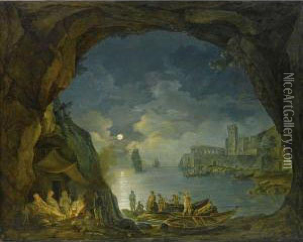 Paesaggio Notturno Con Astanti In Una Grotta Mediterranea Oil Painting - Josef Rebell