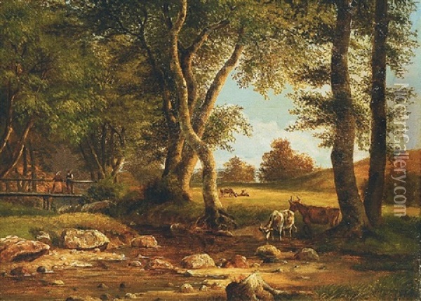 Holsteinische Landschaft Mit Bauernpaar Und Weidenden Kuhen Oil Painting - Johann Ludwig Hansen